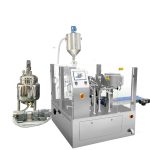 ការវេចខ្ចប់ថង់ដែលផលិតជាមុនដោយស្វ័យប្រវត្តិជាមួយនឹងឧបករណ៍បំពេញ pistion សម្រាប់រាវ & បិទភ្ជាប់