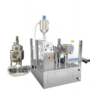 ការវេចខ្ចប់ថង់ដែលផលិតជាមុនដោយស្វ័យប្រវត្តិជាមួយនឹងឧបករណ៍បំពេញ pistion សម្រាប់រាវ & បិទភ្ជាប់